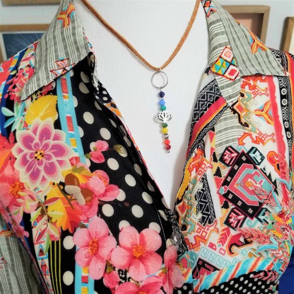 Artisan Hand Crafted Necklace Chakras Rainbow Color Silver Lotus Faux Suede Cord - Picture 3 of 9